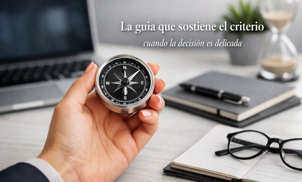Mano sosteniendo una brújula sobre un escritorio
